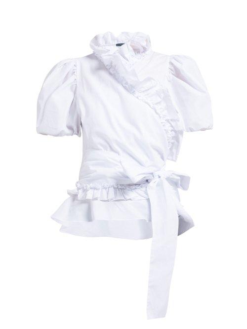 Matchesfashion.com Alexachung - Puffed Sleeve Ruffled Cotton Wrap Top - Womens - White