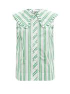 Matchesfashion.com Ganni - Ruffled-collar Sleeveless Cotton-poplin Shirt - Womens - Green White