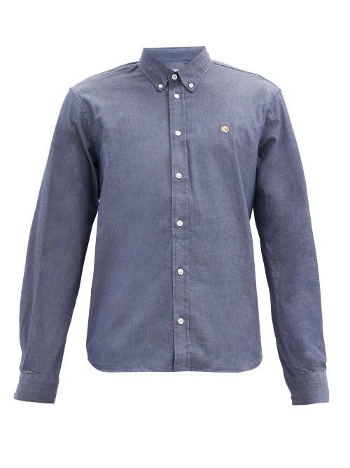 Matchesfashion.com Maison Kitsun - Embroidered Fox-head Cotton-blend Shirt - Mens - Navy