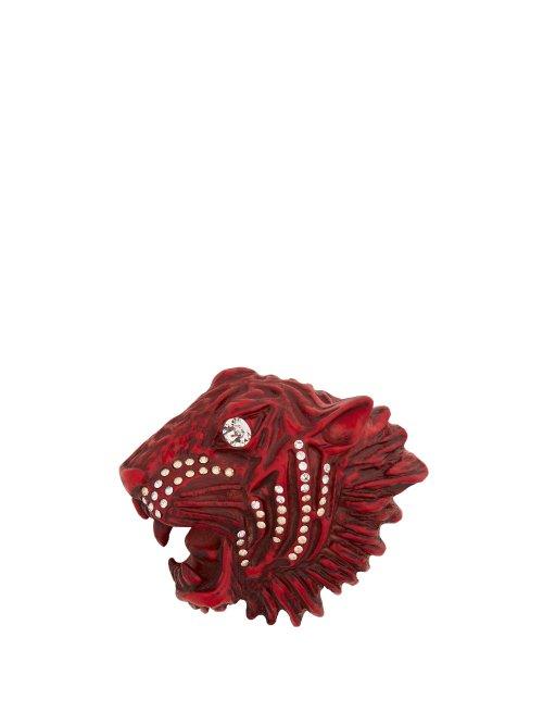 Matchesfashion.com Gucci - Tiger Head Crystal Embellished Brooch - Womens - Red