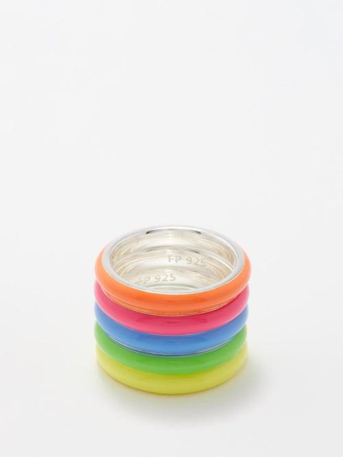 Fry Powers - Set Of Five Neon Enamel & Sterling Silver Rings - Womens - Multi