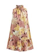 Matchesfashion.com Ephemera - Maui High-neck Floral-print Linen Mini Dress - Womens - Orange