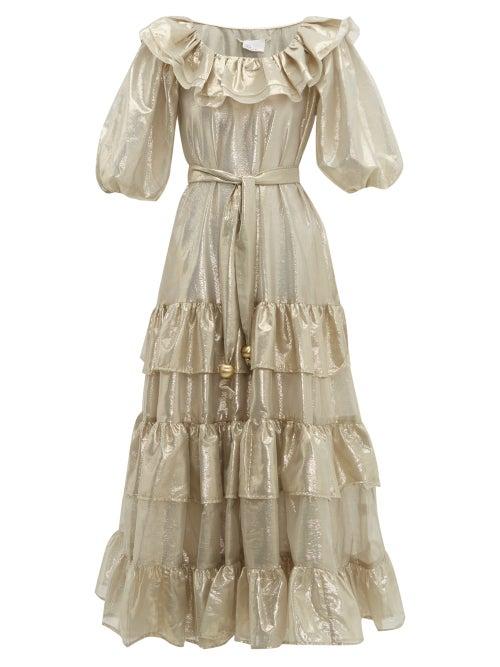 Matchesfashion.com Lisa Marie Fernandez - Eugenie Ruffled Metallic Cotton Blend Dress - Womens - White Gold