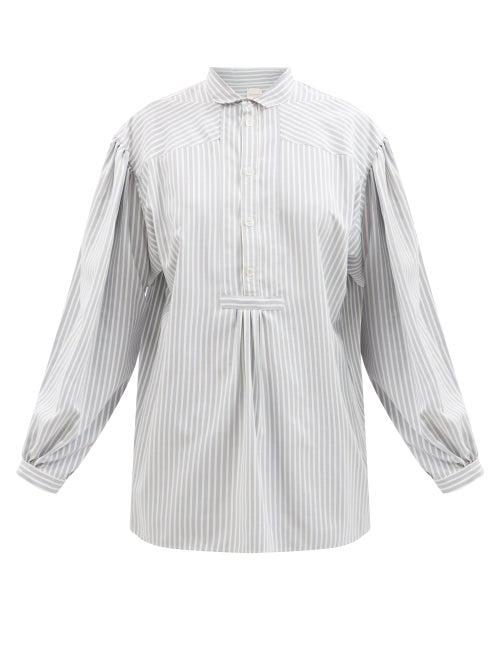 Zanini - Gathered Striped Silk-twill Shirt - Womens - Blue Multi