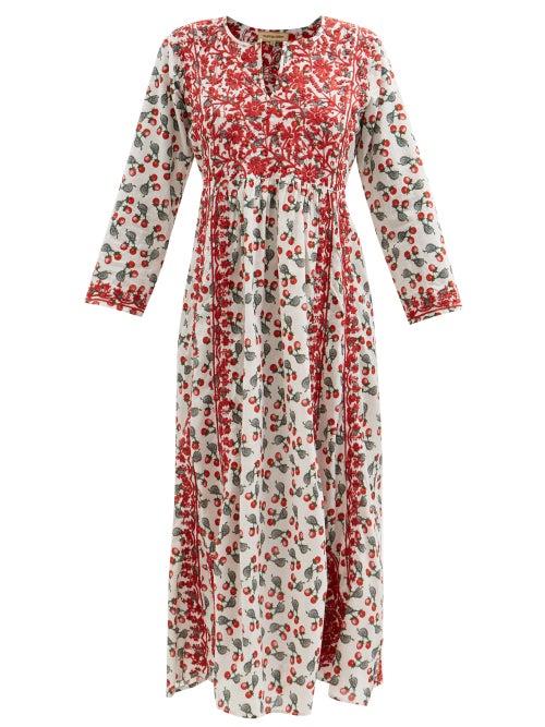 Muzungu Sisters - Floral-embroidered Snail-print Cotton Midi Dress - Womens - White Print