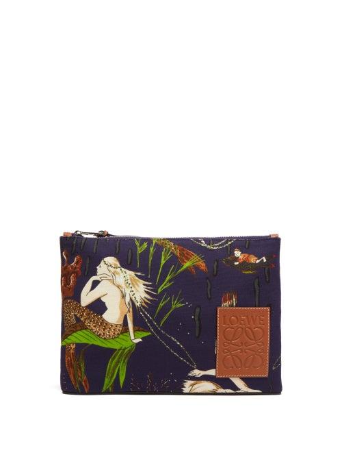 Matchesfashion.com Loewe Paula's Ibiza - Mermaid Printed Canvas Pouch - Womens - Burgundy Multi