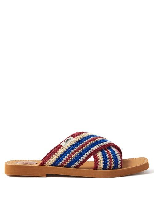 Chlo - Woody Striped Crochet Slides - Womens - Blue Multi