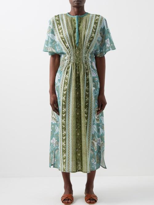 D'ascoli - Padang Block-print Cotton-khadi Dress - Womens - Blue Green