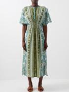 D'ascoli - Padang Block-print Cotton-khadi Dress - Womens - Blue Green