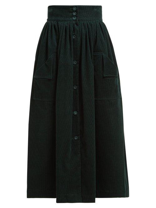 Matchesfashion.com The Vampire's Wife - Visiting Buttoned Corduroy Midi Skirt - Womens - Dark Green