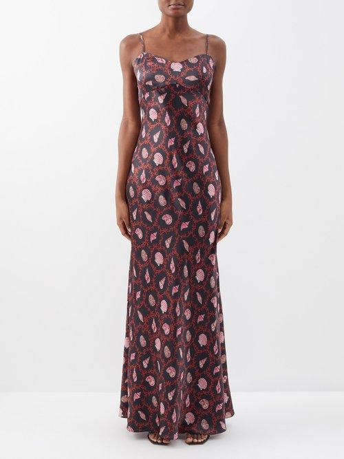 Saloni - Mimi Shell-print Silk-satin Maxi Dress - Womens - Black Red