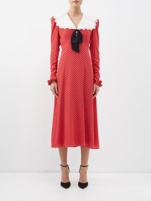 Alessandra Rich - Oversized Collar Polka-dot Silk Midi Dress - Womens - Red