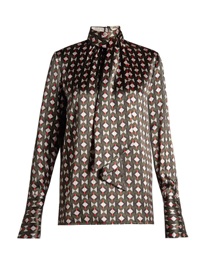 Fendi Lozenges-print Tie-neck Satin Blouse