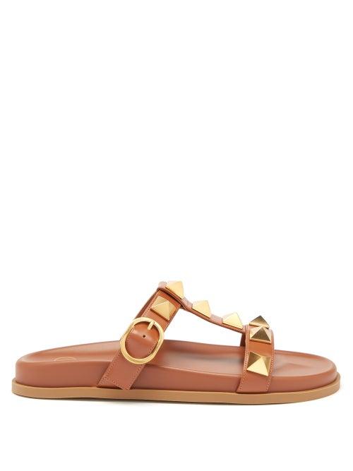 Valentino Garavani - Roman Stud Leather Slides - Womens - Tan