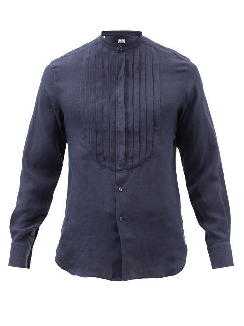 Sbline - Bunny Pleated Plastron Linen-batiste Shirt - Mens - Navy