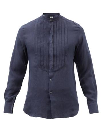 Sbline - Bunny Pleated Plastron Linen-batiste Shirt - Mens - Navy