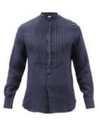 Sbline - Bunny Pleated Plastron Linen-batiste Shirt - Mens - Navy