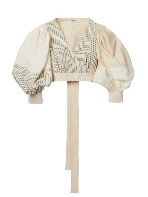 Matchesfashion.com Loewe - Balloon-sleeve Cropped Striped-poplin Top - Womens - Cream