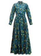 Matchesfashion.com La Doublej - Bellini Floral Print Silk Twill Tiered Shirt Dress - Womens - Green Print