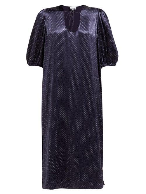 Matchesfashion.com Ganni - Polka Dot Satin Midi Dress - Womens - Navy