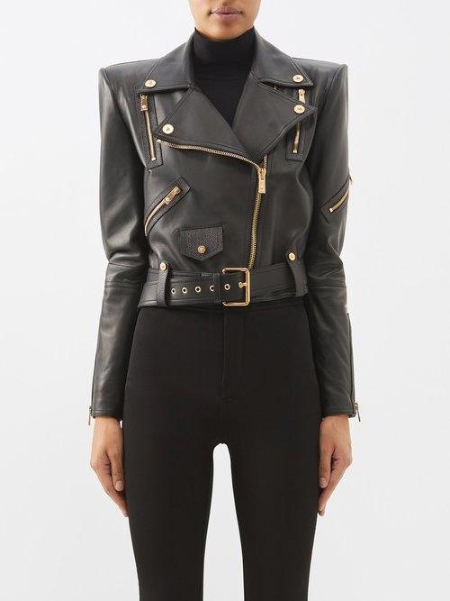 Versace - Exaggerated-shoulder Leather Biker Jacket - Womens - Black