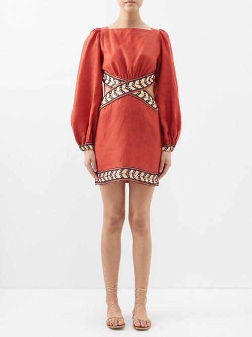 Johanna Ortiz - Time Gone By Side-cutout Linen Mini Dress - Womens - Red Multi
