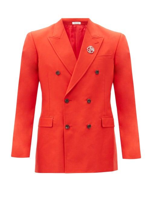 Matchesfashion.com Alexander Mcqueen - Monogram-brooch Double-breasted Cotton Jacket - Mens - Red
