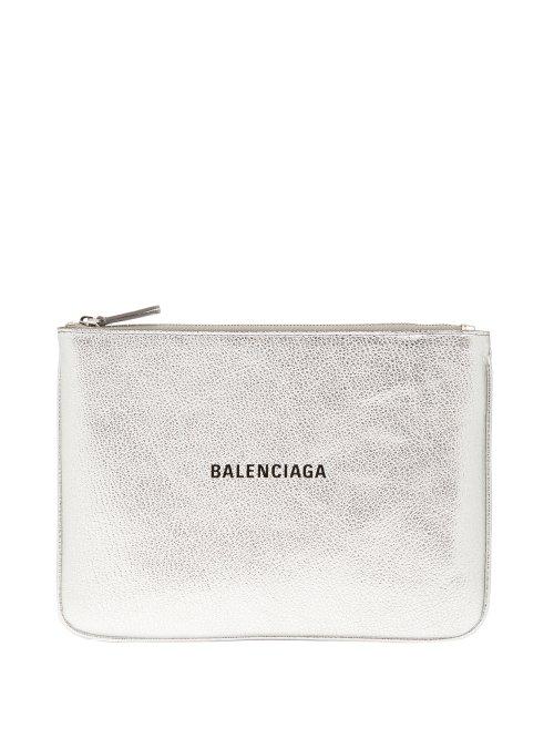 Matchesfashion.com Balenciaga - Metallic Leather Logo Pouch - Womens - Silver