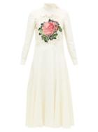 Matchesfashion.com Valentino - Rose Print Crepe Midi Dress - Womens - White Multi