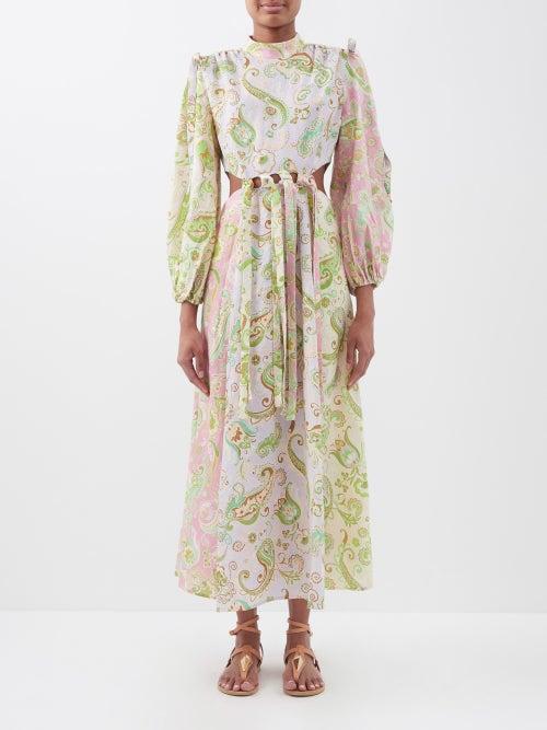 Ale Mais - Marta Paisley-print Cutout-waist Linen-voile Dress - Womens - Pink Multi