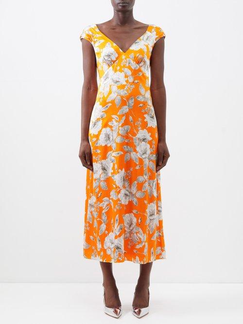 Erdem - Garnelle Peony-print Satin Midi Dress - Womens - Orange Multi
