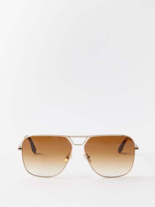 Victoria Beckham - Classic V Metal Aviator Sunglasses - Womens - Gold Brown