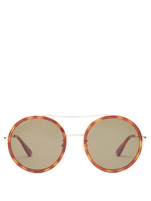 Matchesfashion.com Gucci - Round Tortoiseshell-acetate And Metal Sunglasses - Womens - Green Gold