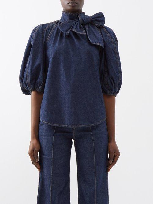 Zimmermann - Tie-neck Puff-sleeve Denim Blouse - Womens - Denim