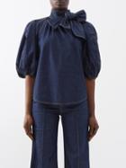 Zimmermann - Tie-neck Puff-sleeve Denim Blouse - Womens - Denim