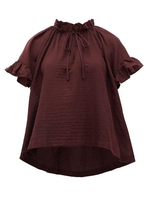 Matchesfashion.com Loup Charmant - Marina Ruffle-trimmed Organic-cotton Top - Womens - Dark Purple
