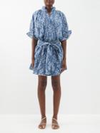 Juliet Dunn - Floral-print Ruffled Cotton-blend Dress - Womens - Navy Silver