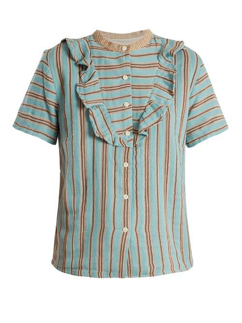 Matchesfashion.com Ace & Jig - Fiona Ruffle Trimmed Cotton Gauze Blouse - Womens - Blue Stripe