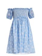 Matchesfashion.com Miu Miu - Off The Shoulder Floral Print Gauze Mini Dress - Womens - Blue Print