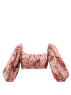 Ladies Beachwear Zimmermann - Cassia Floral-print Linen Cropped Top - Womens - Pink Print