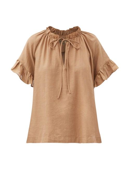 Matchesfashion.com Loup Charmant - Marina Ruffled Organic-cotton Top - Womens - Camel