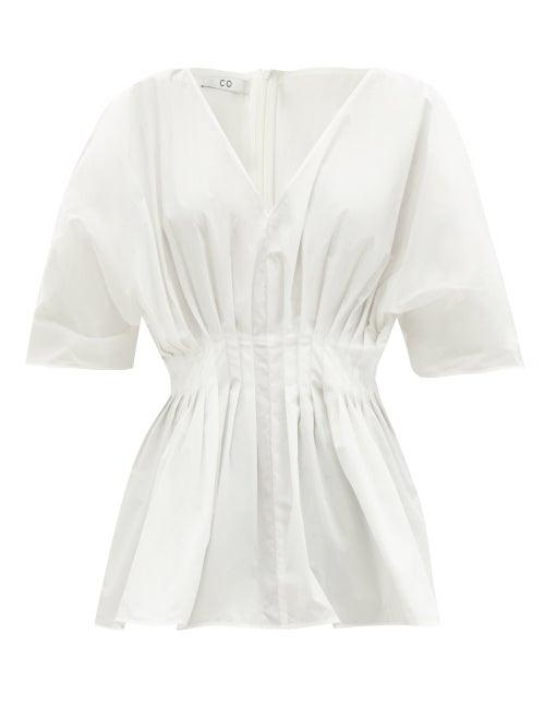 Matchesfashion.com Co - Pleated-waist Cotton-blend Poplin Blouse - Womens - White