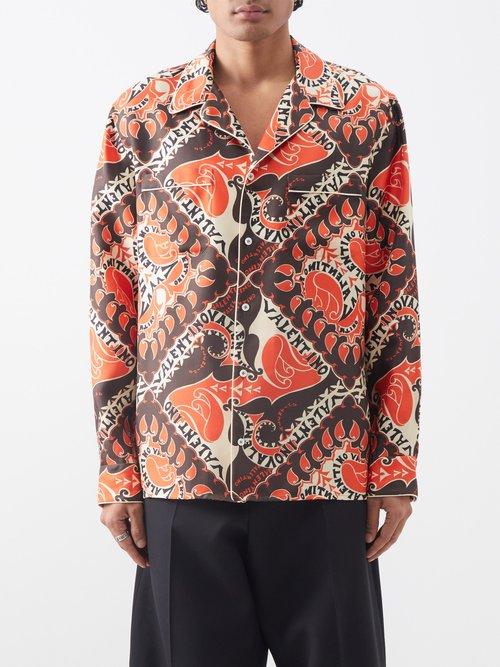Valentino - Manifesto Bandana-print Silk-twill Shirt - Mens - Orange Multi