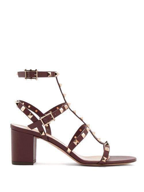Matchesfashion.com Valentino - Rockstud Block Heel Leather Sandals - Womens - Burgundy