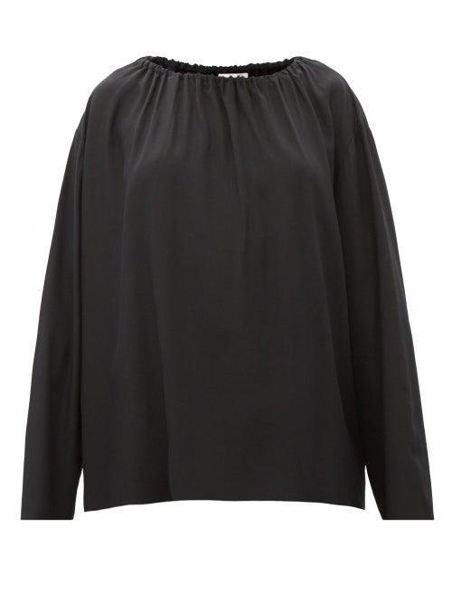Matchesfashion.com The Row - Campo Gathered-neck Long-sleeved Silk Blouse - Womens - Black