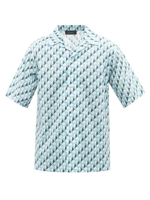 Amiri - Cuban-collar A-print Cotton-poplin Shirt - Mens - Blue Multi