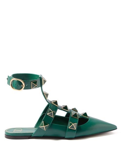 Valentino Garavani - Roman Stud T-bar Leather Flats - Womens - Green