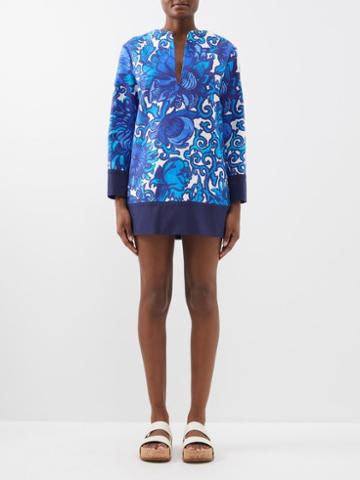La Doublej - Deck Anemone-print Cotton Mini Dress - Womens - Blue Print