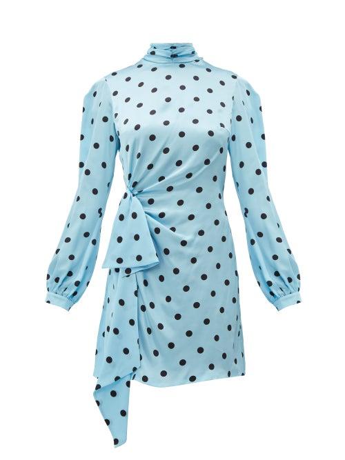 Matchesfashion.com Raquel Diniz - Barbara Draped Polka Dot Print Silk Dress - Womens - Blue Multi