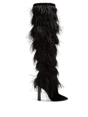 Matchesfashion.com Saint Laurent - Yeti Feather Embellished Over The Knee Boots - Womens - Black